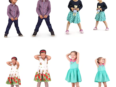 Group of Children Posing in Colorful Dresses and Casual Outfits 3d model