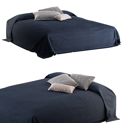 Cozy Double Bed With Navy Blue Quilted Bedspread And Soft Decorative Pillows 3d model