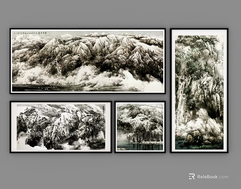 Monochrome Chinese Landscape Paintings Featuring Mountains Clouds Mist Waterfalls And Water Surfaces 3d model 