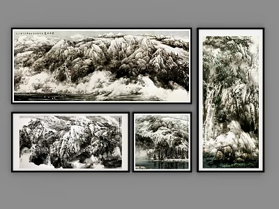 Monochrome Chinese Landscape Paintings Featuring Mountains Clouds Mist Waterfalls And Water Surfaces 3d model