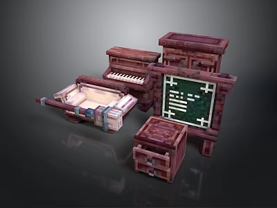 Rustic Wooden Furniture Collection With Piano Chalkboard Chest And Drawers 3d model