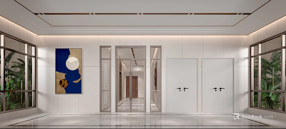 Modern Elevator Lobby With White Walls Artwork And Lighting 3d model