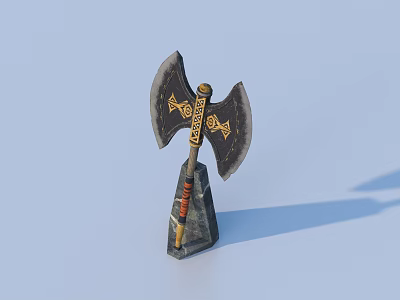 Decorative Medieval Axe With Golden Intricate Patterns Wooden Handle Red Wrapping On Black Stand 3d model