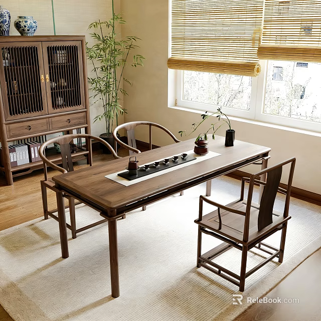 Natural Wood Table and Chair Set with Bamboo Plant and Wooden Cabinet Indoor 3d model 