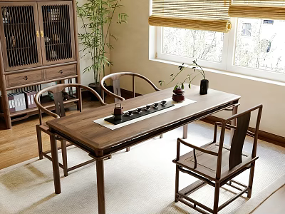 Natural Wood Table and Chair Set with Bamboo Plant and Wooden Cabinet Indoor 3d model
