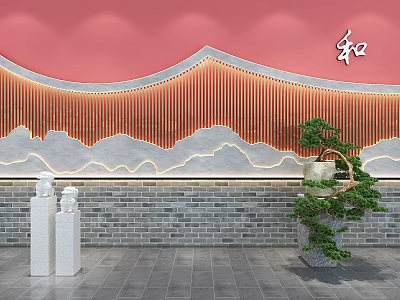 Pink Background Wall Featuring Wavy Wooden Slats Mountain Pattern Harmony Symbol White Statues Potted Pine 3d model