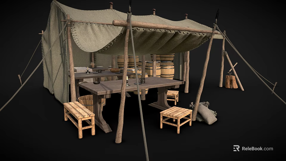 Rustic Campsite Tent Interior With Wooden Table Barrels Stools And Ropes 3d model 