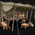 Rustic Campsite Tent Interior With Wooden Table Barrels Stools And Ropes