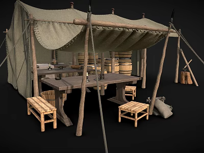 Rustic Campsite Tent Interior With Wooden Table Barrels Stools And Ropes 3d model