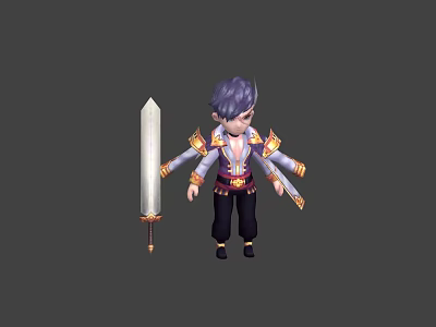 Game and Movie Character With Purple Hair Gold Ornamented Outfit And White Staff 3d model