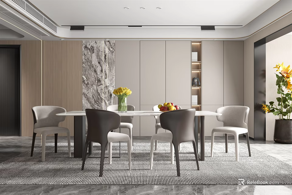 Elegant Restaurant Dining Space With White Table Gray Chairs Flowers Fruits And Marble Wall 3d model 