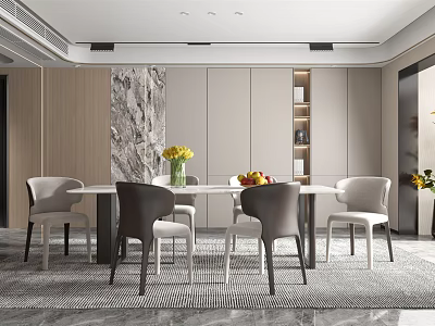 Elegant Restaurant Dining Space With White Table Gray Chairs Flowers Fruits And Marble Wall 3d model