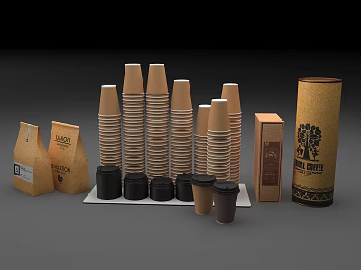 Everyday Disposable Living Supplies With Stacked Paper Cups Printed Boxes And Containers 3d model