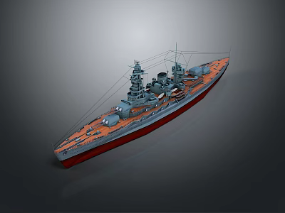 Vintage Battleship 3D Model With Gray Hull Red Bottom And Multiple Turrets 3d model