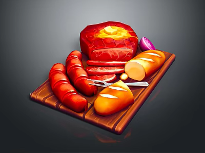 Delicious Food Platter With Sausages Sliced Bread Roasted Meat And Onion On Wooden Board 3d model