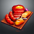 Delicious Food Platter With Sausages Sliced Bread Roasted Meat And Onion On Wooden Board