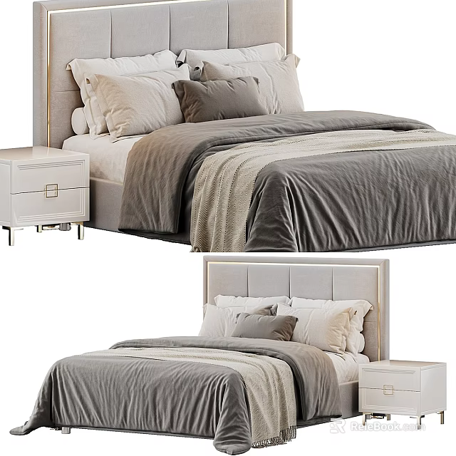Modern Double Bed with Upholstered Headboard White Nightstand and Neutral Bedding 3d model 