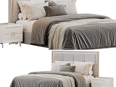 Modern Double Bed with Upholstered Headboard White Nightstand and Neutral Bedding 3d model