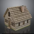 Traditional Wooden Log Cabin With Sloped Roof Brick Chimney Windows And Front Door