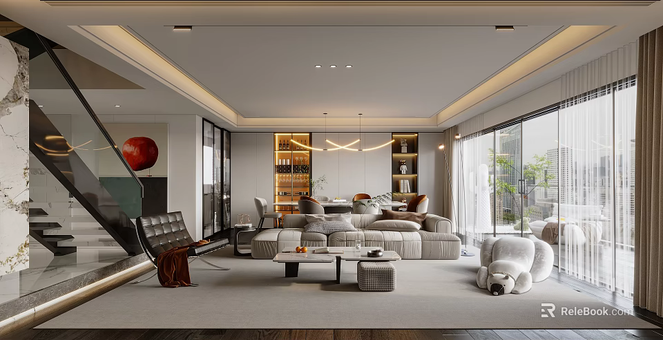 Modern Living and Dining Room Interior With Comfortable Sofa Stylish Dining Table And Pendant Lights 3d model 