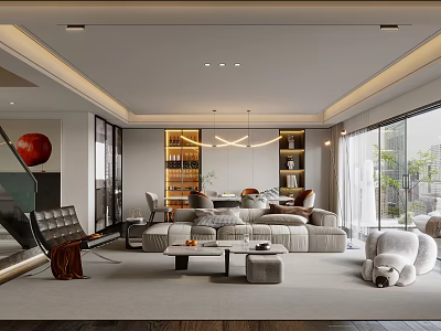 Modern Living and Dining Room Interior With Comfortable Sofa Stylish Dining Table And Pendant Lights 3d model