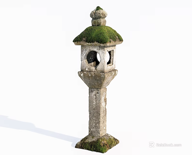 Rustic Stone Outdoor Light With Mossy Roof And Hollow Design For Garden Decor 3d model 