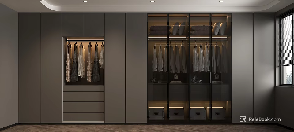 Modern Walk-in Closet Interior With Hanging Clothes Glass Cabinets And Drawers 3d model 