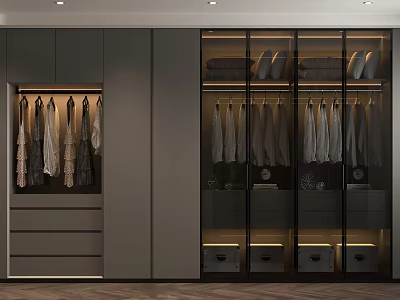 Modern Walk-in Closet Interior With Hanging Clothes Glass Cabinets And Drawers 3d model