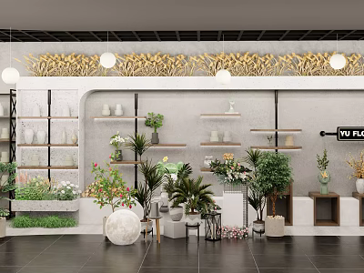Green Plant Store With Potted Plants Decorative Shelves And Golden Wall Decor 3d model