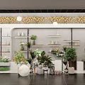 Green Plant Store With Potted Plants Decorative Shelves And Golden Wall Decor