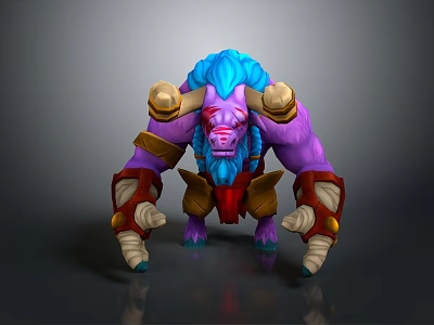 Purple Skinned Mythical Warrior Creature With Blue Mane Golden Horns And Clawed Hands 3d model