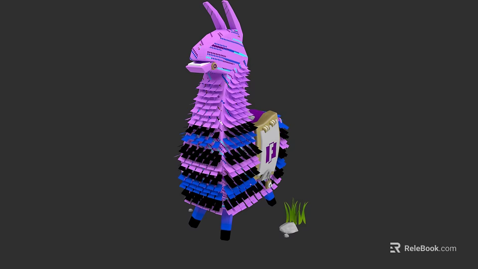 Purple Pixel Art Llama Model With Blue Black Stripes And Small Grass Stone 3d model 