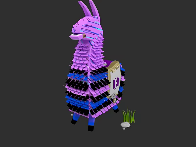Purple Pixel Art Llama Model With Blue Black Stripes And Small Grass Stone 3d model