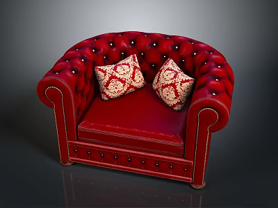 Luxurious Red Tufted Chesterfield Sofa With Rolled Arms And Patterned Pillows 3d model