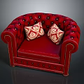Luxurious Red Tufted Chesterfield Sofa With Rolled Arms And Patterned Pillows 3d model