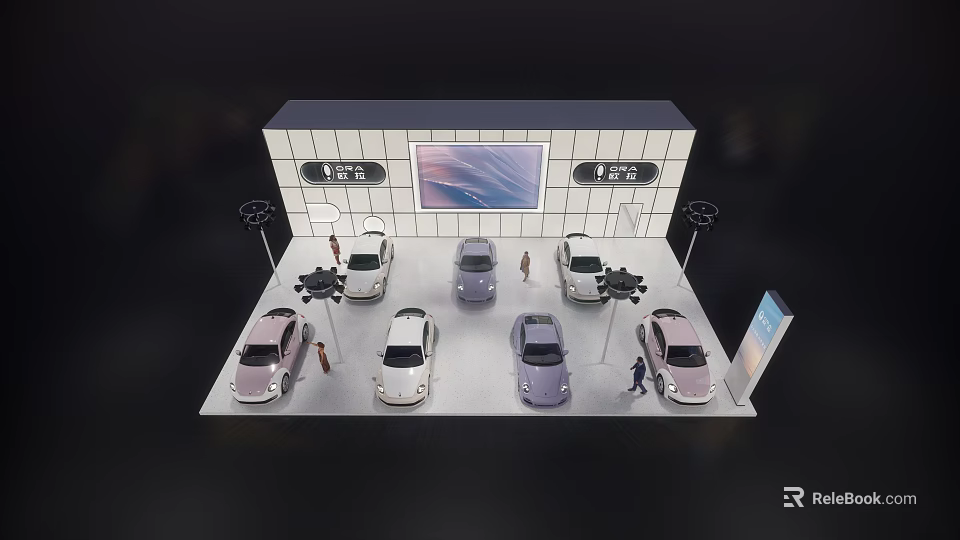 Modern Exhibition Booth Car Display With Multiple Colorful Cars And Large Screen Background 3d model 