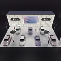 Modern Exhibition Booth Car Display With Multiple Colorful Cars And Large Screen Background