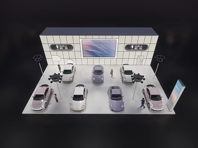 Modern Exhibition Booth Car Display With Multiple Colorful Cars And Large Screen Background 3d model