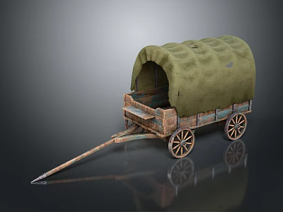 Vintage Covered Wagon With Wooden Structure Green Canvas Cover And Wheels 3d model