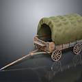 Vintage Covered Wagon With Wooden Structure Green Canvas Cover And Wheels