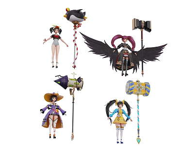 Game and Movie Characters With Diverse Costumes Weapons and Unique Hairstyles 3d model