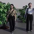 Two Women Walking Outdoors With Green Plants Blue Sky and Waving Hand