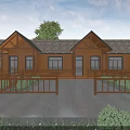 Row of Wooden Houses with Brown Roofs and Porch Railings in Green Lawn