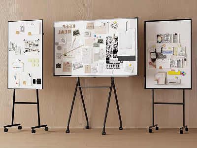 Three Mobile Display Boards With Design Notes Photos And Workspace Elements 3d model
