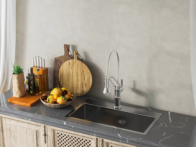 Kitchen Sink With Faucet On Marble Countertop And Fruit Bowl Cutting Boards Gray Wall Cabinets 3d model