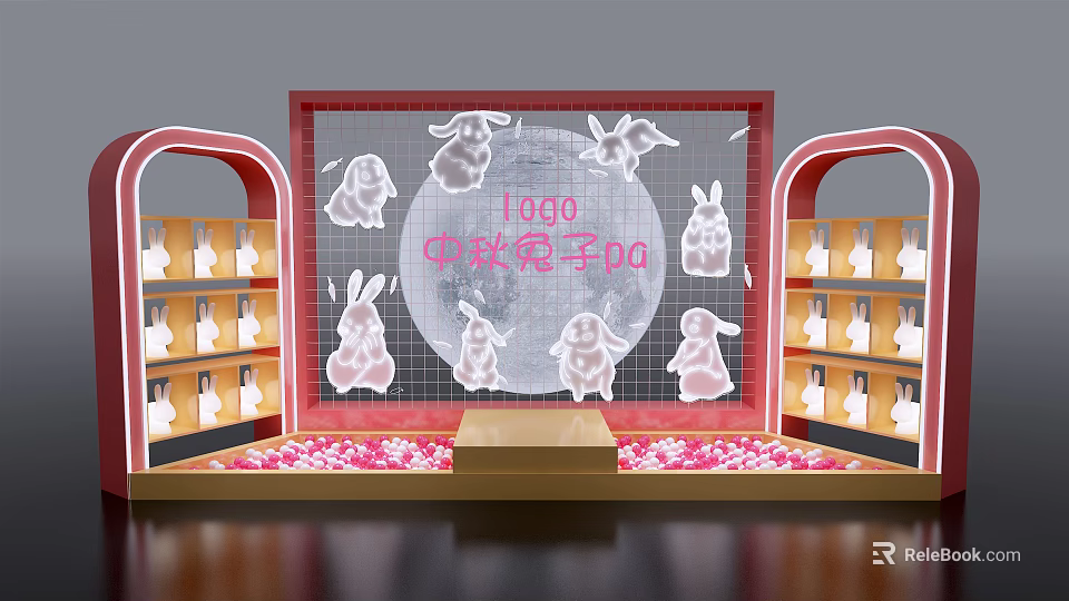 Mid Autumn Rabbit Themed Display With Moon Decor And Shelves Setup 3d model