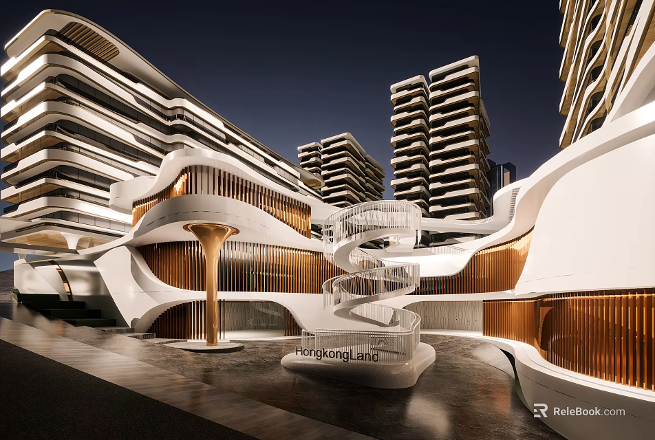 Hong Kong Land Modern Architectural Project With Spiral Staircase And Tall Buildings 3d model 