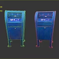 Two Blue Standing Self Service Kiosks With Digital Screens And Locks