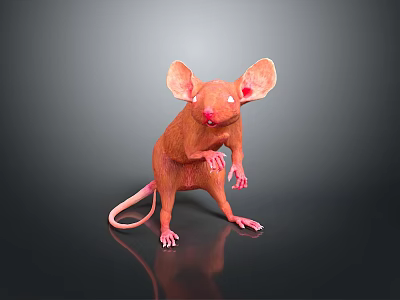 Standing Pink Mouse With Large Ears And Red Eyes On Black Background With Reflection 3d model