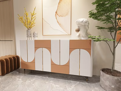 Entryway Side Cabinet With White Brown Doors Golden Legs Decorative Painting Sculpture And Green Plant 3d model